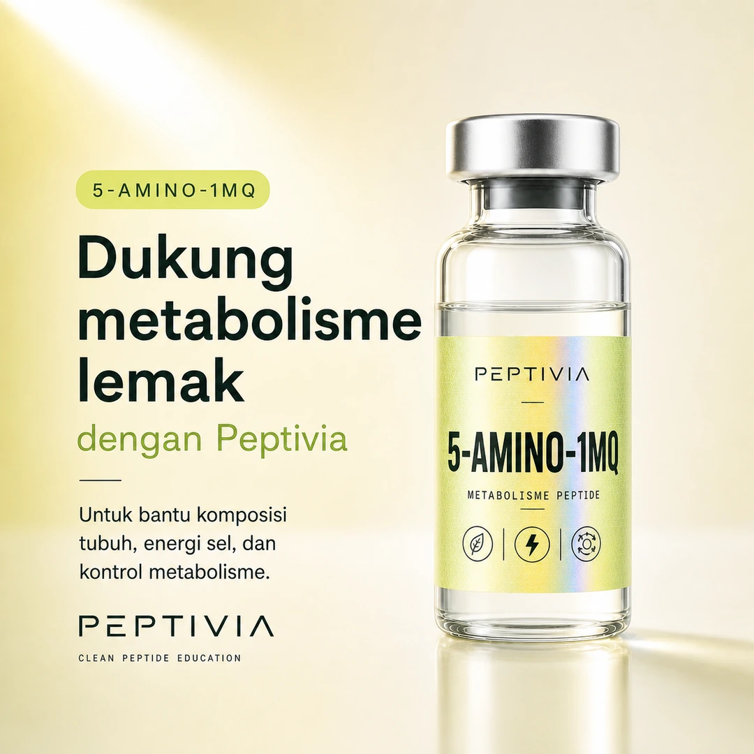Vial Peptivia 5-Amino-1MQ, poster bertema citrus dengan headline Dukung metabolisme lemak