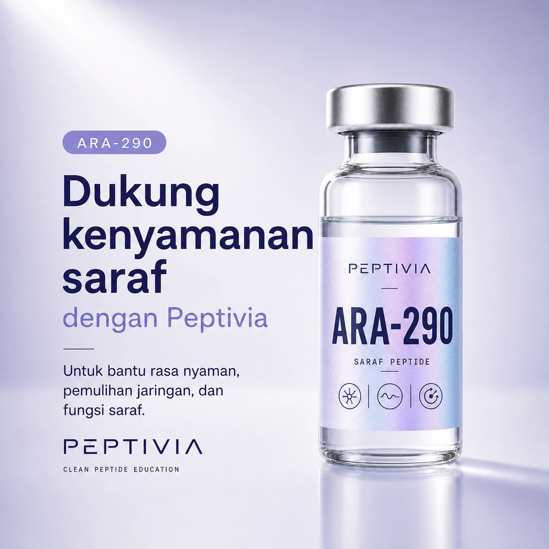 Vial Peptivia ARA-290, poster bertema violet dengan headline Dukung kenyamanan saraf