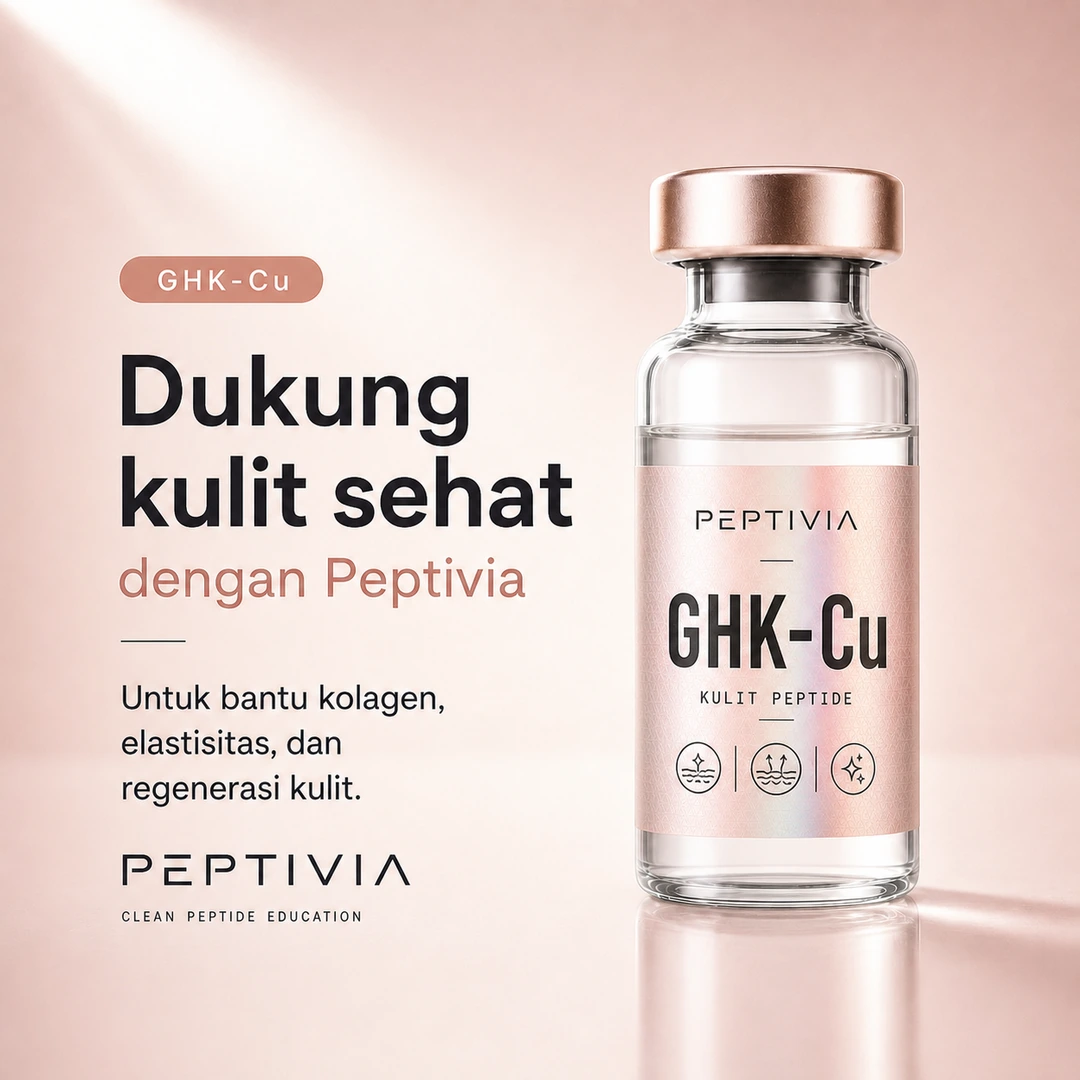 Vial Peptivia GHK-Cu, poster bertema rose copper dengan headline Dukung kulit sehat