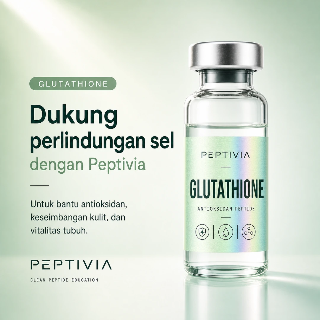 Vial Peptivia Glutathione, poster bertema pearl green dengan headline Dukung perlindungan sel
