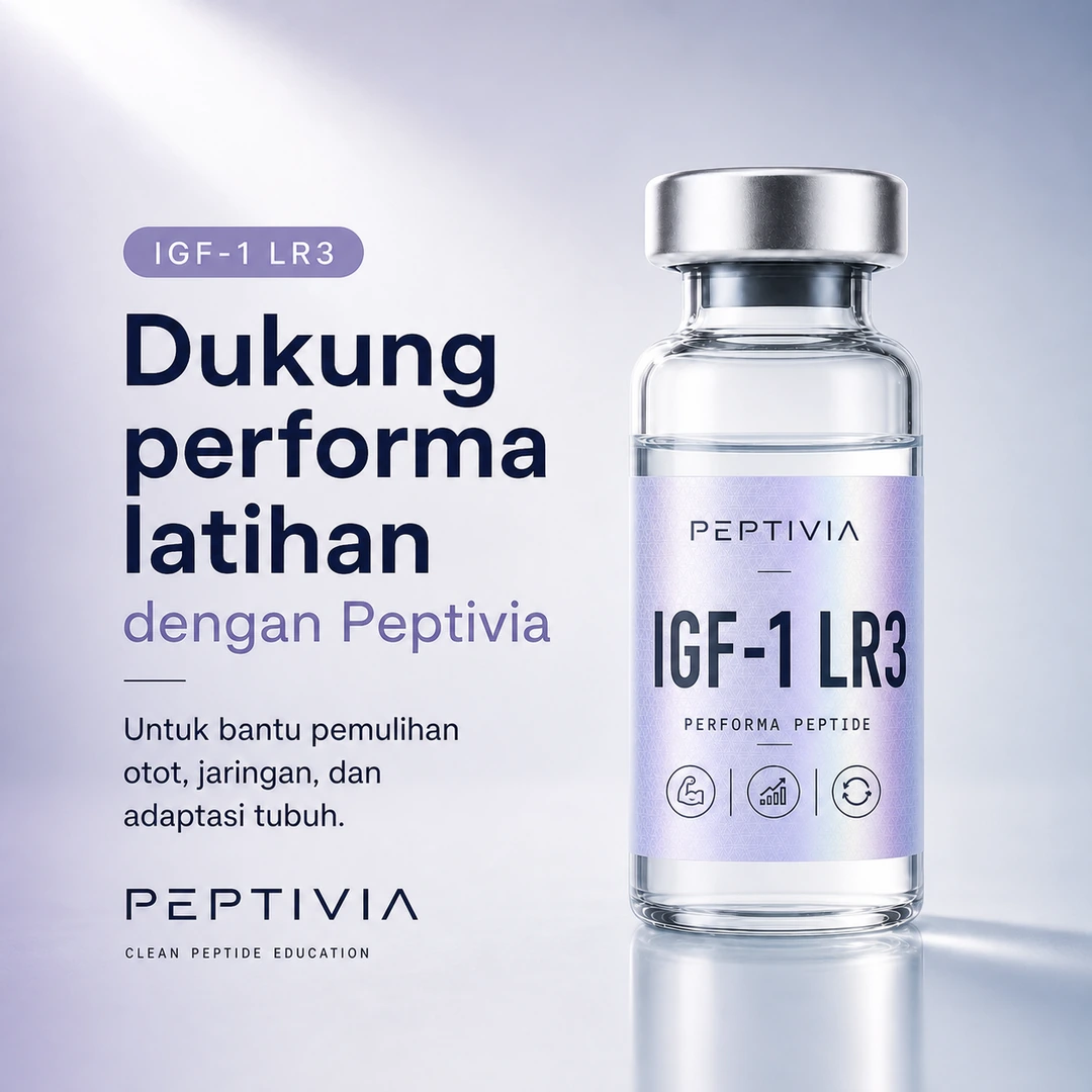 Vial Peptivia IGF-1 LR3, poster bertema lavender dengan headline Dukung performa latihan