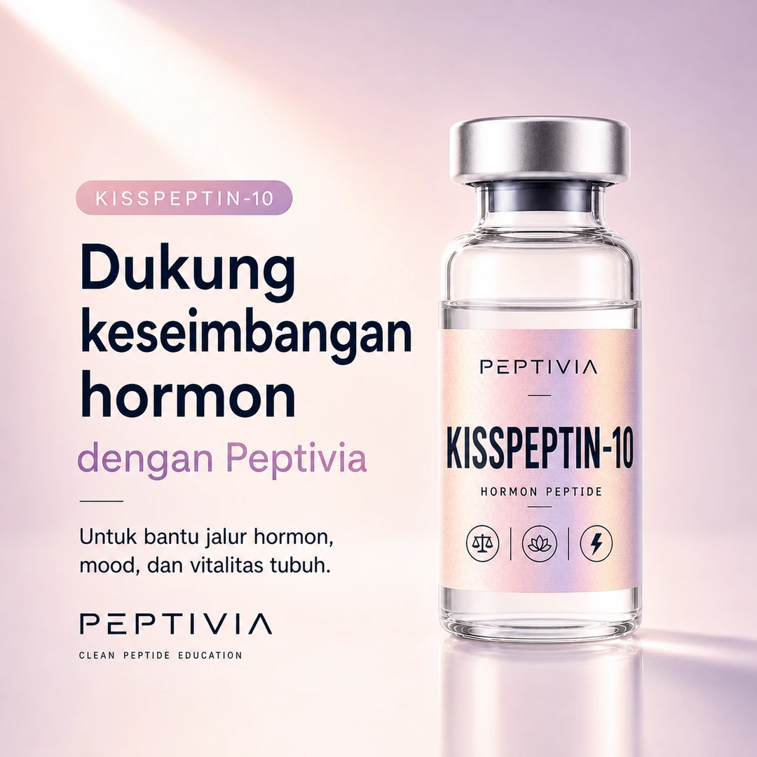 Vial Peptivia Kisspeptin-10, poster bertema peach lilac dengan headline Dukung keseimbangan hormon