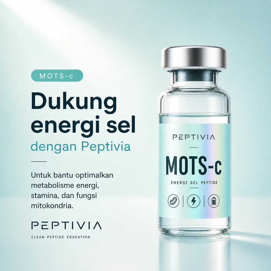 Vial Peptivia MOTS-c, poster bertema mint dengan headline Dukung energi sel