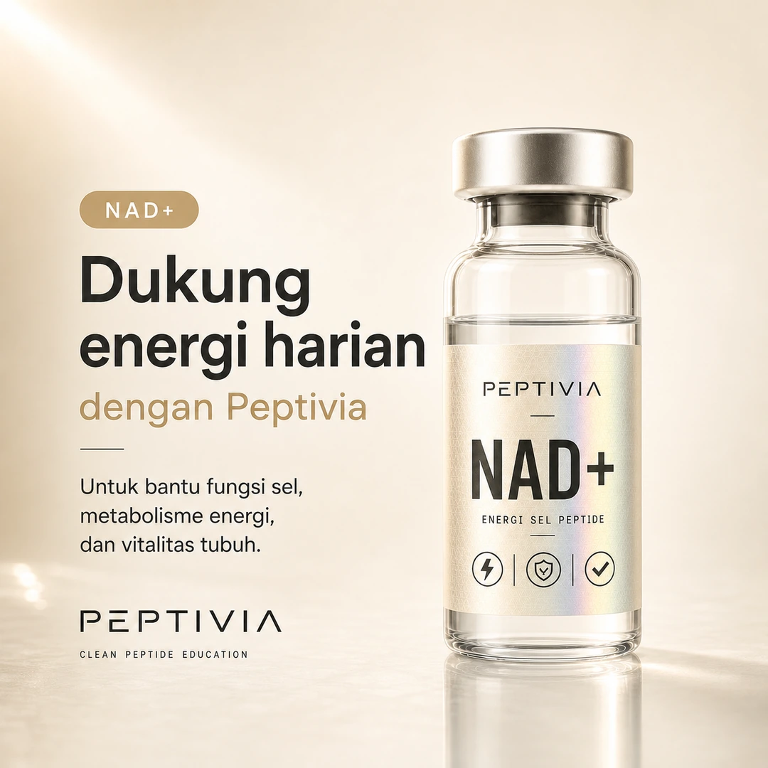 Vial Peptivia NAD+, poster bertema champagne dengan headline Dukung energi harian