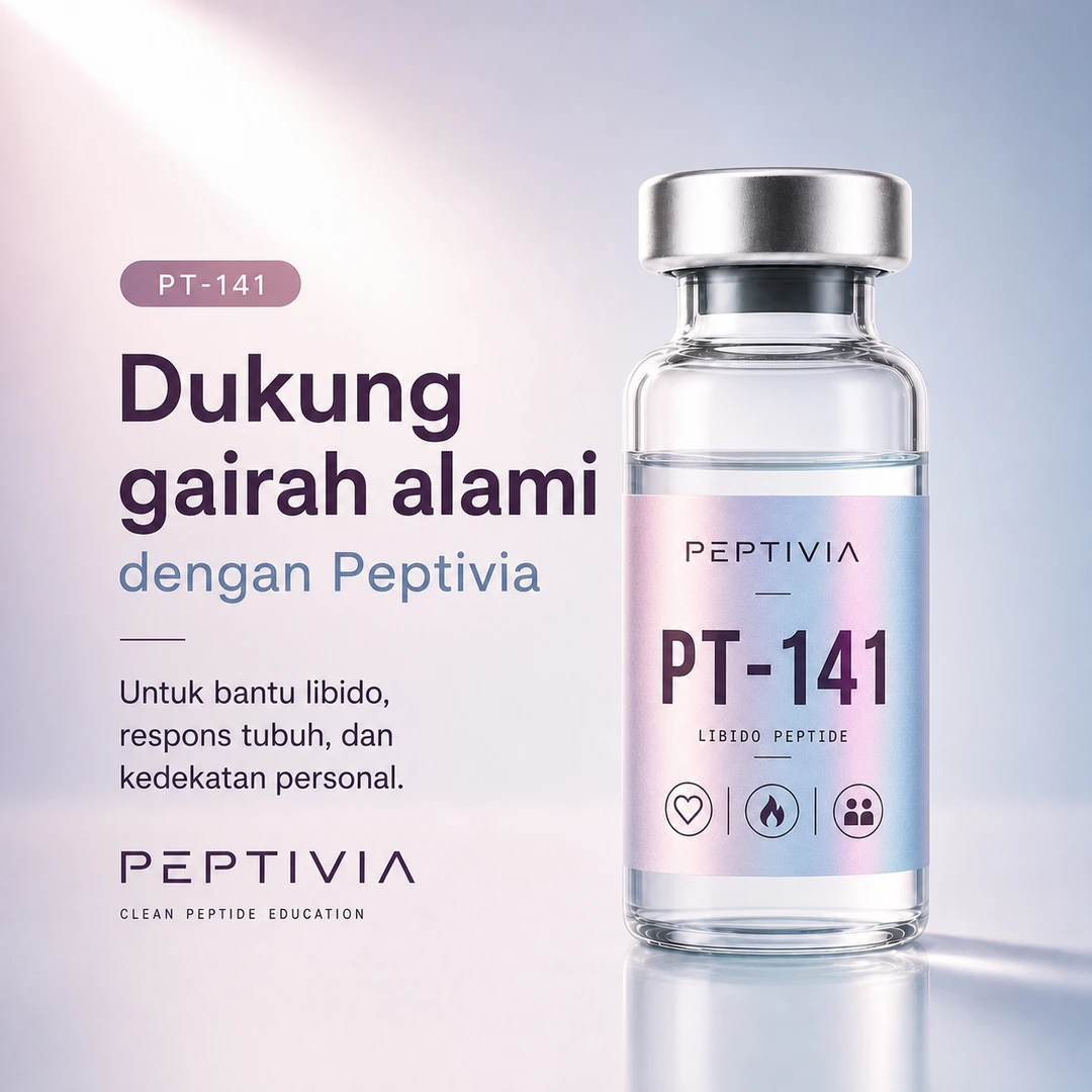 Vial Peptivia PT-141, poster bertema plum blue dengan headline Dukung gairah alami