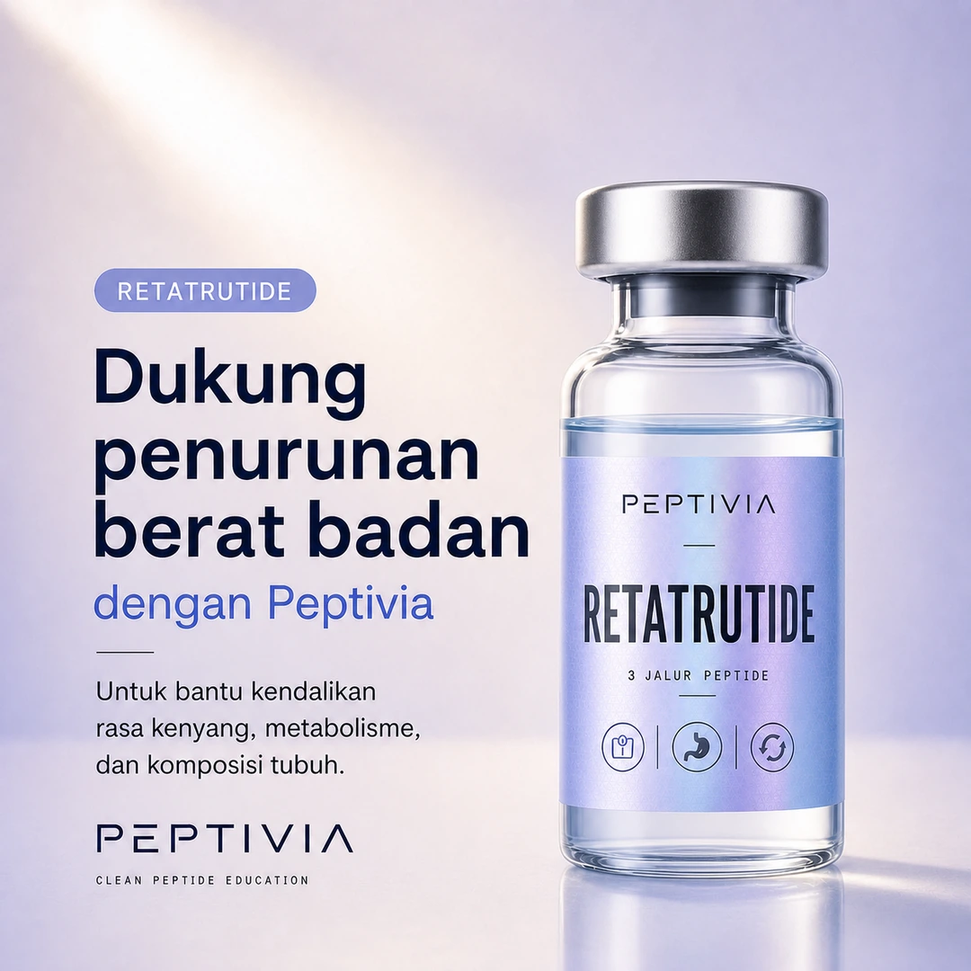 Vial Peptivia Retatrutide, poster bertema lilac dengan headline Dukung penurunan berat badan