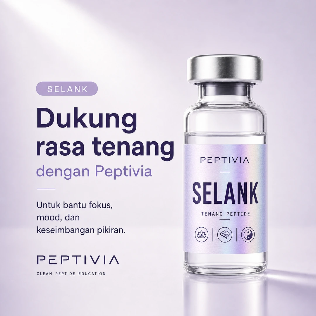 Vial Peptivia Selank, poster bertema lavender mauve dengan headline Dukung rasa tenang