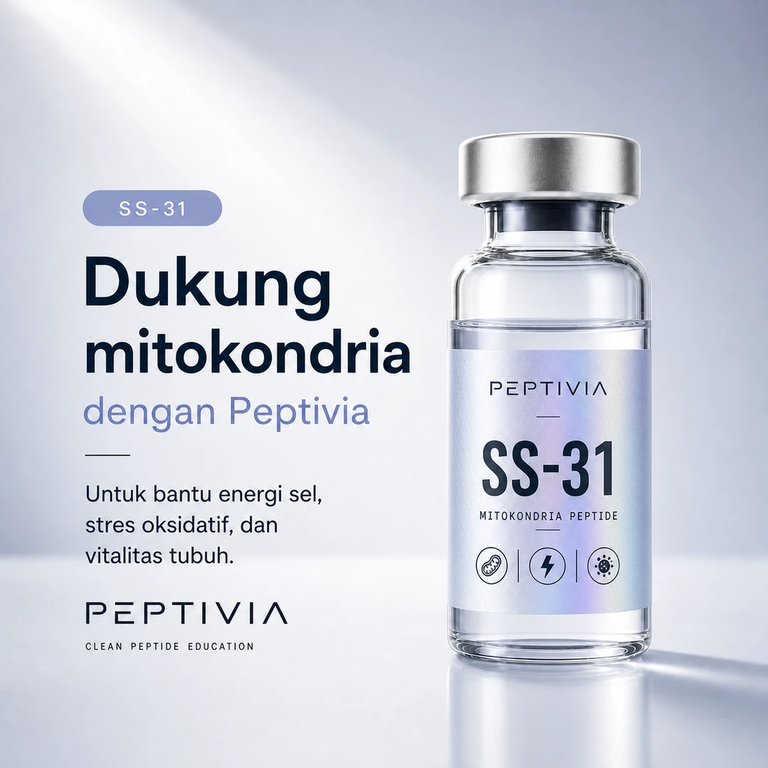 Vial Peptivia SS-31, poster bertema silver blue dengan headline Dukung mitokondria